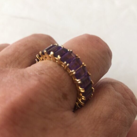 Emerald Cut Band Gold Plated Sterling Silver 925 Gen Amethyst Purple Ring Sz.8 - Picture 10 of 16
